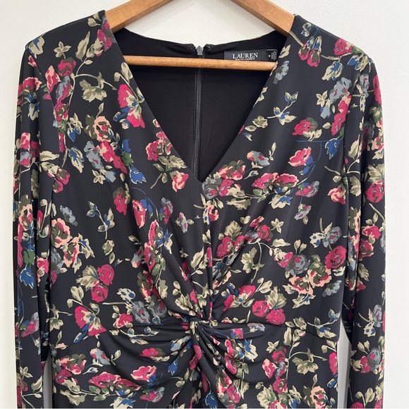Lauren Ralph Lauren Black Moody Floral Surplice Stretch Jersey Midi Dress 16 - Picture 6 of 15